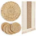 Baderke 6 Pcs Boho Table Runner and Round Placemats Set Table Runner Woven Placemats Braided Water Hyacinth Place Mat Farm Beige Centerpiece for Christmas New Year Dining (12 x 108 Inch)