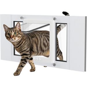 Cat Door for Window Weatherproof: Aluminum Frame Flap Pet Door Quick Fit Window Insert - Easy Adjustable to Fit Windows Width 15"-41" - 4 Secure Lock Modes with Magnetic Closure for Dog Cats