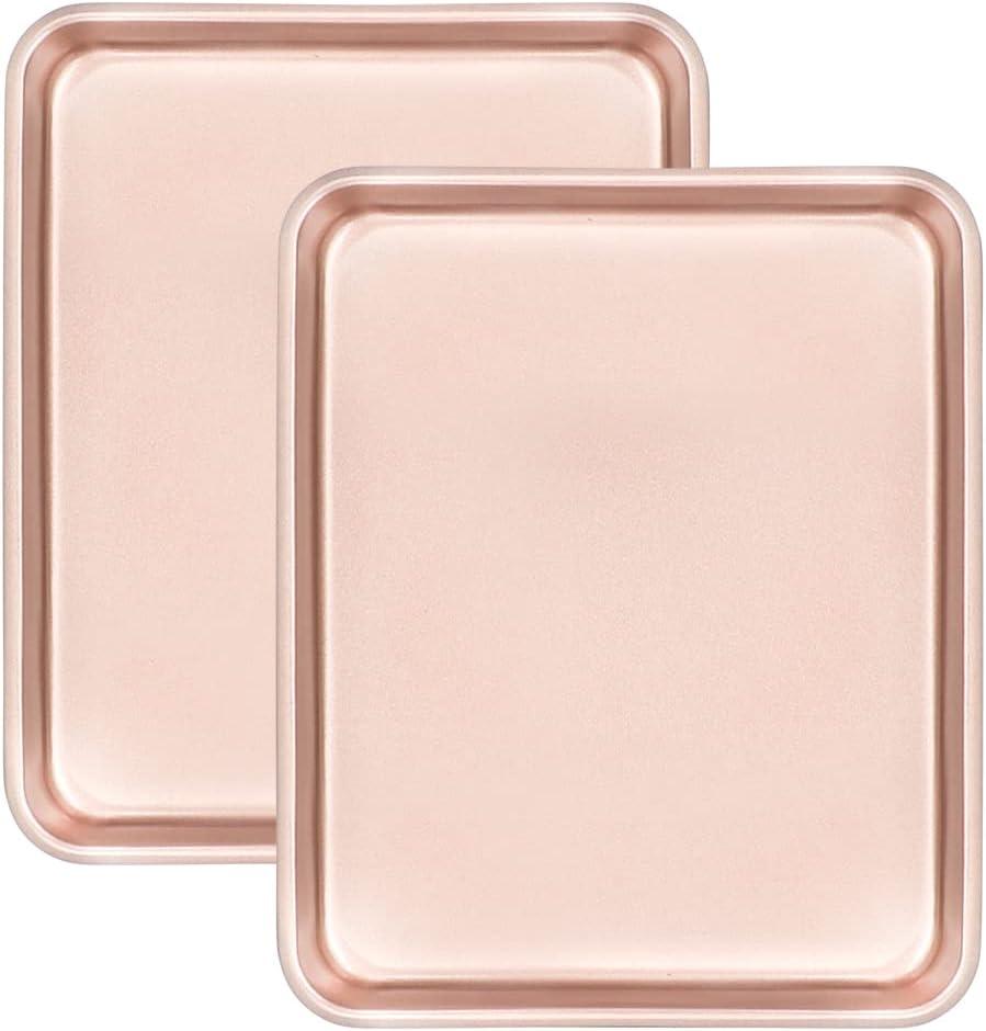 11" x 9" Baking Pans, Cookie Sheets Set of 2, Nonstick Toaster Oven Pan Set for Baking, Heavy Duty Carbon Steel Non-toxic Oven Replacement Cookie Tray for Kitchen Bakery, Gold