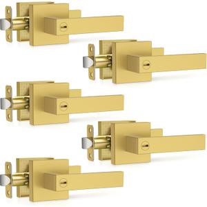 Plustool 5 Pack Brushed Gold Door Handles, Interior Door Knob Heavy Duty, Flat Square Privacy Door Locks, Keyless Door Leverset for Bedroom and Bathroom