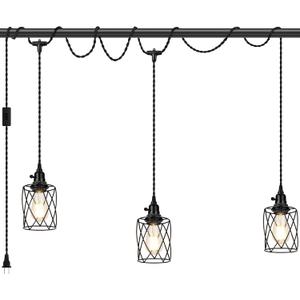 3-Light Plug in Pendant Light, 19FT Hanging Lights with Plug in Cord and On/Off Switch, Industrial Twisted Black Rope Hanging Pendant Fixtures with Metal Shade for Dining Room Kitchen Bedroom