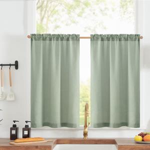 jinchan Linen Textured Tier Curtains 36 Inch for Kitchen Windows Farmhouse Cafe Curtains Small Drapes Rustic Light Filtering Half Window for Living Room Laundry Rod Pocket 2 Panels Green