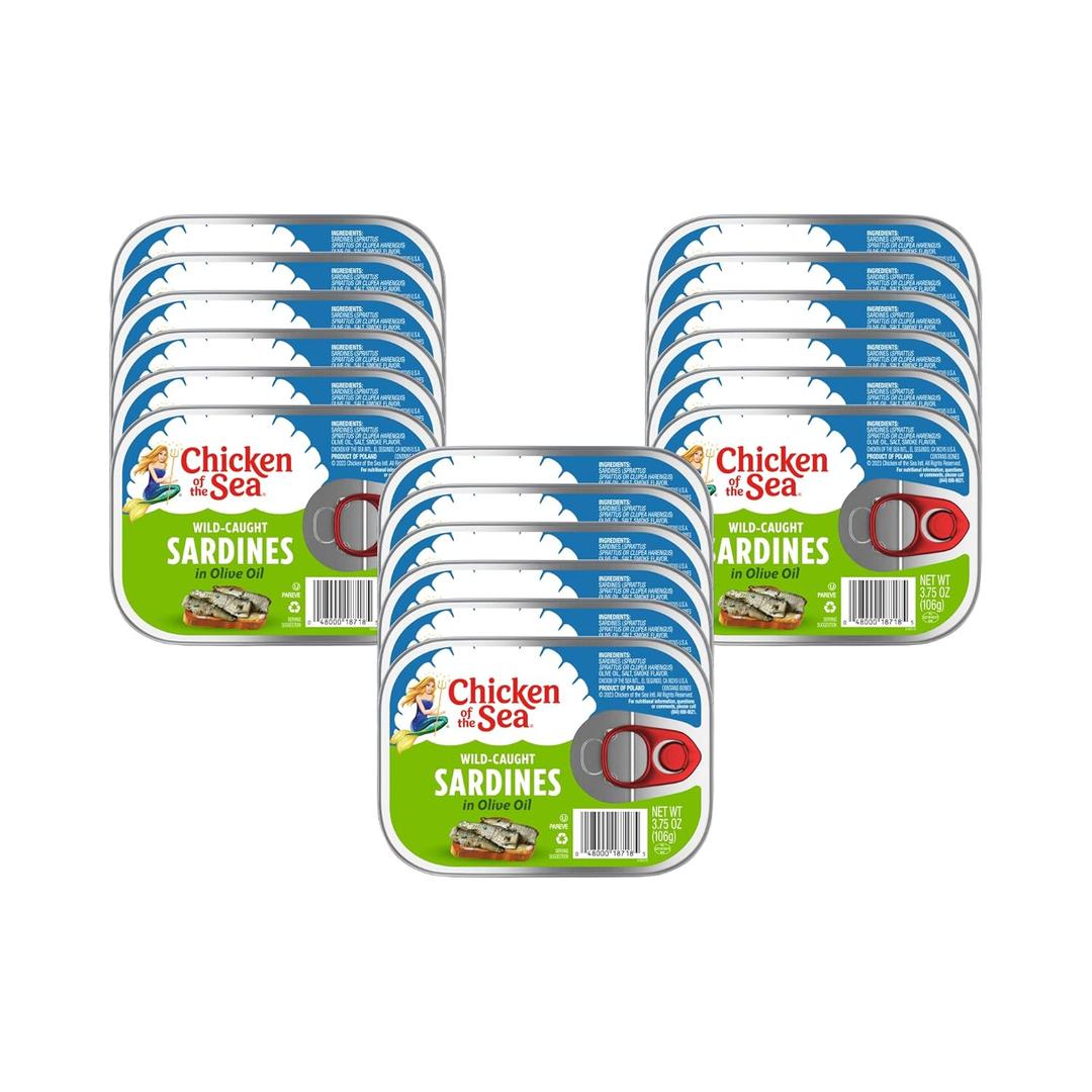 Chicken of the Sea Wild Caught Sardines in Olive Oil, 3.75 oz Cans, 18-Count  High Protein Nutritional Powerhouse Canned Sardines  Perfect in Any Dish or as Ready to Eat Meals, EXP NOV/20/2030