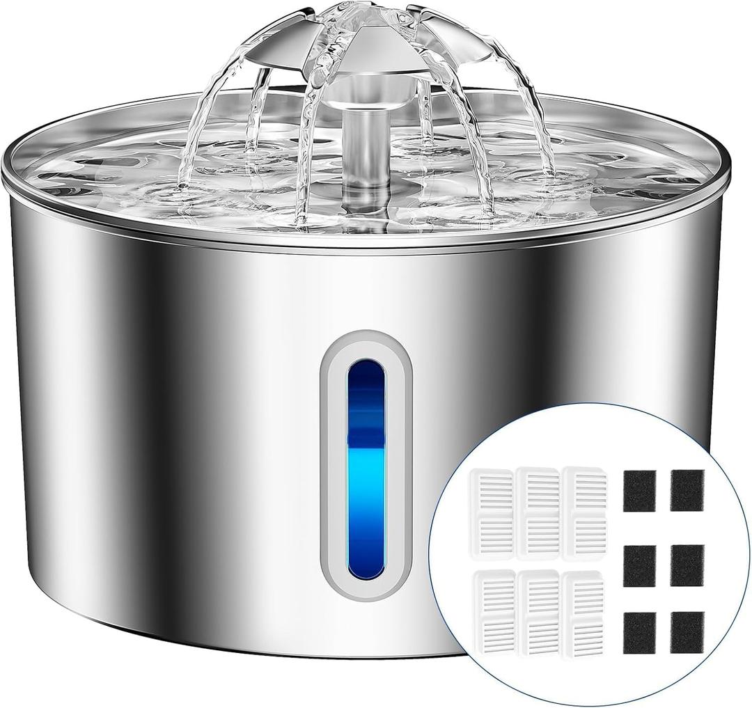 Cat Water Fountain Stainless Steel - 74oz/2.2L Corded Pet Water Dispenser Automatic Silent Cats Dispenser for Drinking Inside Indoor Metal Kitty Spout Fountain with 6 Filters & 6 Sponges