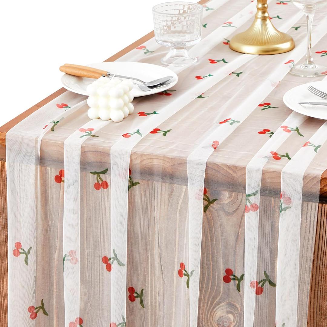 2 Pack Cherry Table Runner 35x120 Inch Cherry Birthday Party Decorations Fruit Summer Lace Tulle Fabric Table Dining Room Kitchen Holiday Wedding Baby Shower Arch Veil Decor