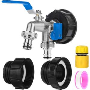 275-330 Gallon IBC Tote Adapter with Blue Handle, 3-Size Threads (2.44", 2" Fine, 2" Coarse), 1/2" NPT Inlet  3/4" GHT Dual Outlet Hose Faucet