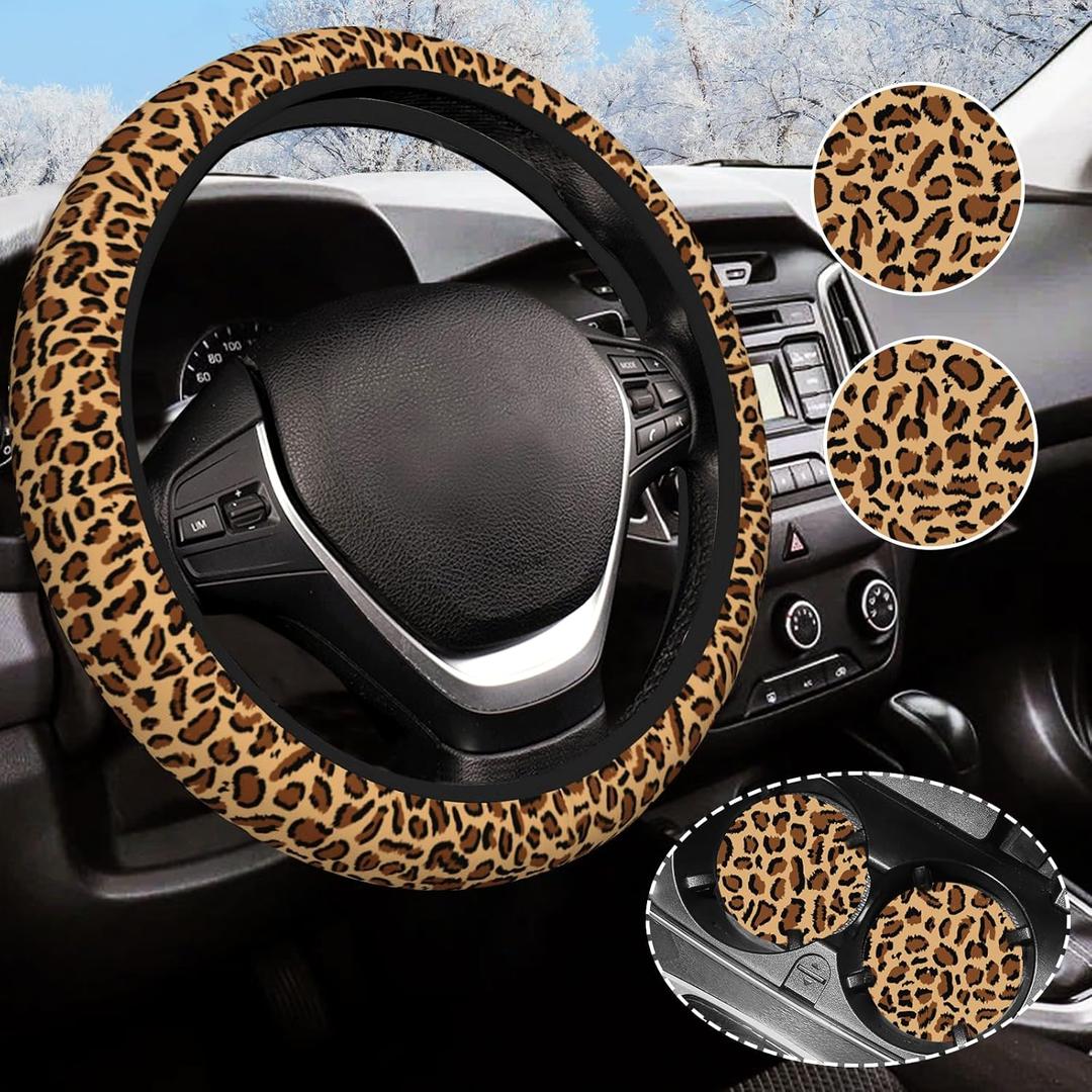 Leopard Steering Wheel Cover Anti-Slip and Practical 14.5-15 Inch Universal Car Steering Wheel Cover with 2 Pieces Car Coasters Suitable for Men Women (One Size)