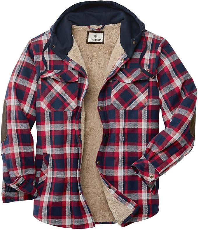Legendary Whitetails Men's Hooded Shirt Jacket Plaid Flannel Berber Lined Polyfill Insulated Size LG