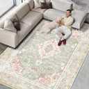 Vhong Washable Area Rugs Boho Vintage Modern Neutral Large Carpet Green and Pink High Traffic Rugs 57 for Dinning Room Living Room Bedroom Farmhouse Non Slip