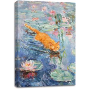 SIXWOOD Monet Water Lilies Whimsical Orange Cat Canvas Wall Art, Bathroom | 16x24 in, Water Lily Pond Picture, Pet Framed Print for Kids Bedroom Living Room, Van Gogh Inspired Wall Decor, Ready to Hang