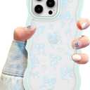 Aitipy for iPhone 13 Pro Max Case, Wavy Frame Cute Ribbon Bowknot Pattern Aesthetic Transparent Back Soft TPU Shockproof Phone Case for Women Girls, Blue