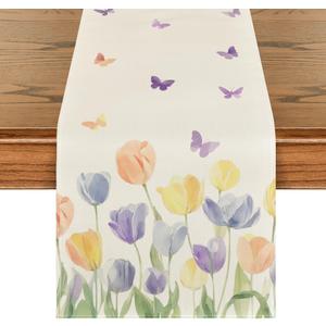 Artoid Mode Watercolour Tulip Butterfly 210 GSM Spring Table Runner, Seasonal Summer Kitchen Dining Table Decoration for Home Party Decor 13x108 Inch