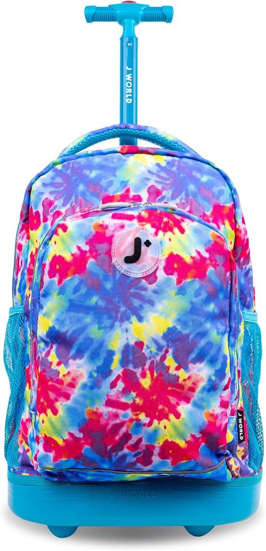 J World Sunny Rolling Backpack for Kids. Roller Bag With Wheels, Tie Dye, One Size