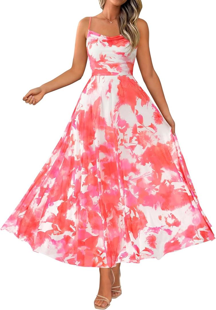 BTFBM Women Summer Floral Maxi Dresses Elegant Spaghetti Strap Dress Printed Party Dress Beach Long Dresses (Medium, Floral Light Orange)