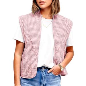 VAOYIU Womens Cropped Puffer Vest Lightweight Sleeveless Plaid Printed Cotton Quilted Vest Outwear (Medium, Red-brown)