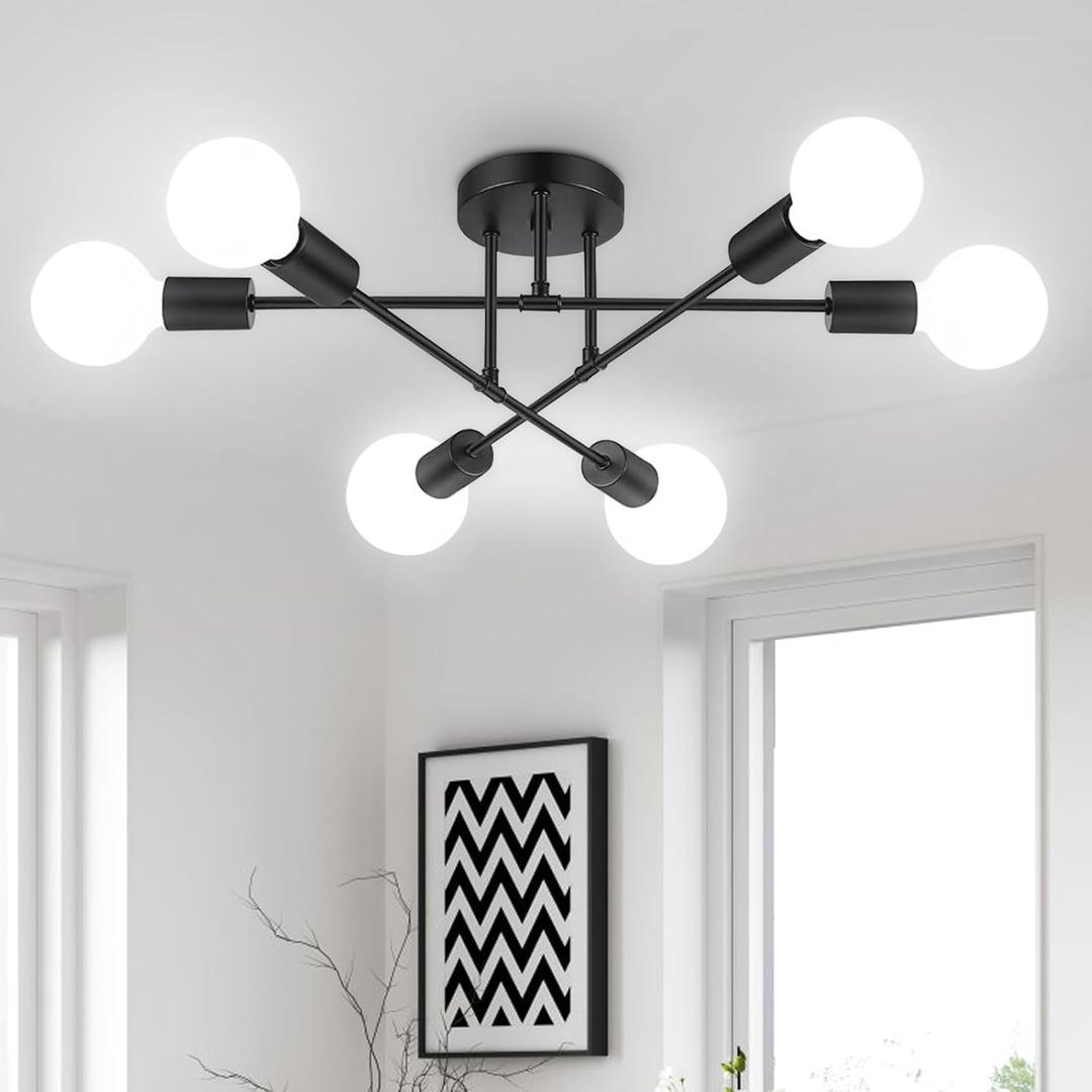 Ceiling Light Fixture, 6-Light Ceiling Light Chandelier, Modern Dinning Room Light Fixture, Sputnik Light Fixtures Ceiling Mount, Semi Flush Mount Light Fixture For Living Room,Bedroom,Hallway,Kitchen (matteblack)