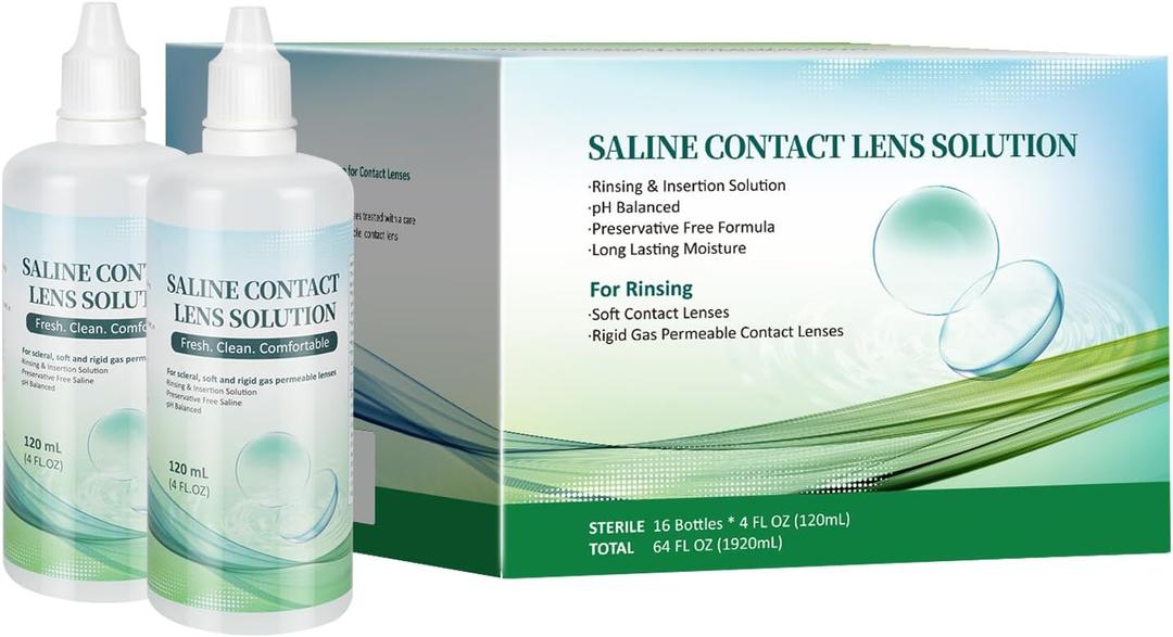 Saline Contact Lens Solution Rinsing & Insertion Gentle Saline Solution for Soft & Rigid Gas Permeable Lenses Travel-Friendly 4 Fl Oz - 16 Pack