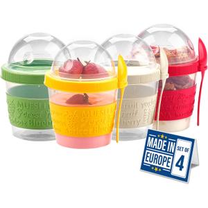 Crystalia Yogurt Parfait Cups with Lids, Mini Breakfast On the Go Plastic Bowls with Topping Cereal Oatmeal Container with Spoon for Lunch, Portable & Reusable, Colorful Set of 4 (Small 17 oz)