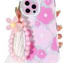 NITITOP Compatible for iPhone 14 Pro Max Case, Cute Floral Bear Camera Lens Case for Women Girls, Soft TPU Shockproof Protective Cover with Lovely Flower Bracelet Chain - Bear Pink