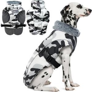 DENTRUN Large Dog Winter Coat - Windproof Reflective Warm Coat, Adjustable Neck & Snap Closure, Water Repellent Thick Fleece Vest, Fleece Lined for for Golden Retriever, White Camo, XL