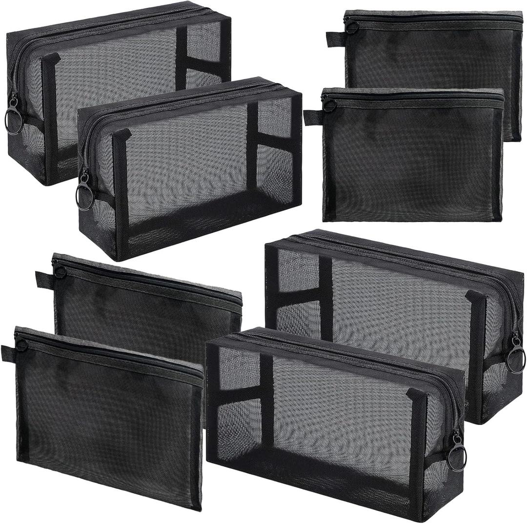 8 Pieces Mesh Makeup Cosmetic Bag Set Pouch,Portable Clear Travel Toiletry Makeup Kit Bag Diaper Organizer,Nylon Mesh Zipper Pouch Purse Beauty Storage Bag for Women Home Office Travel Accessory Black