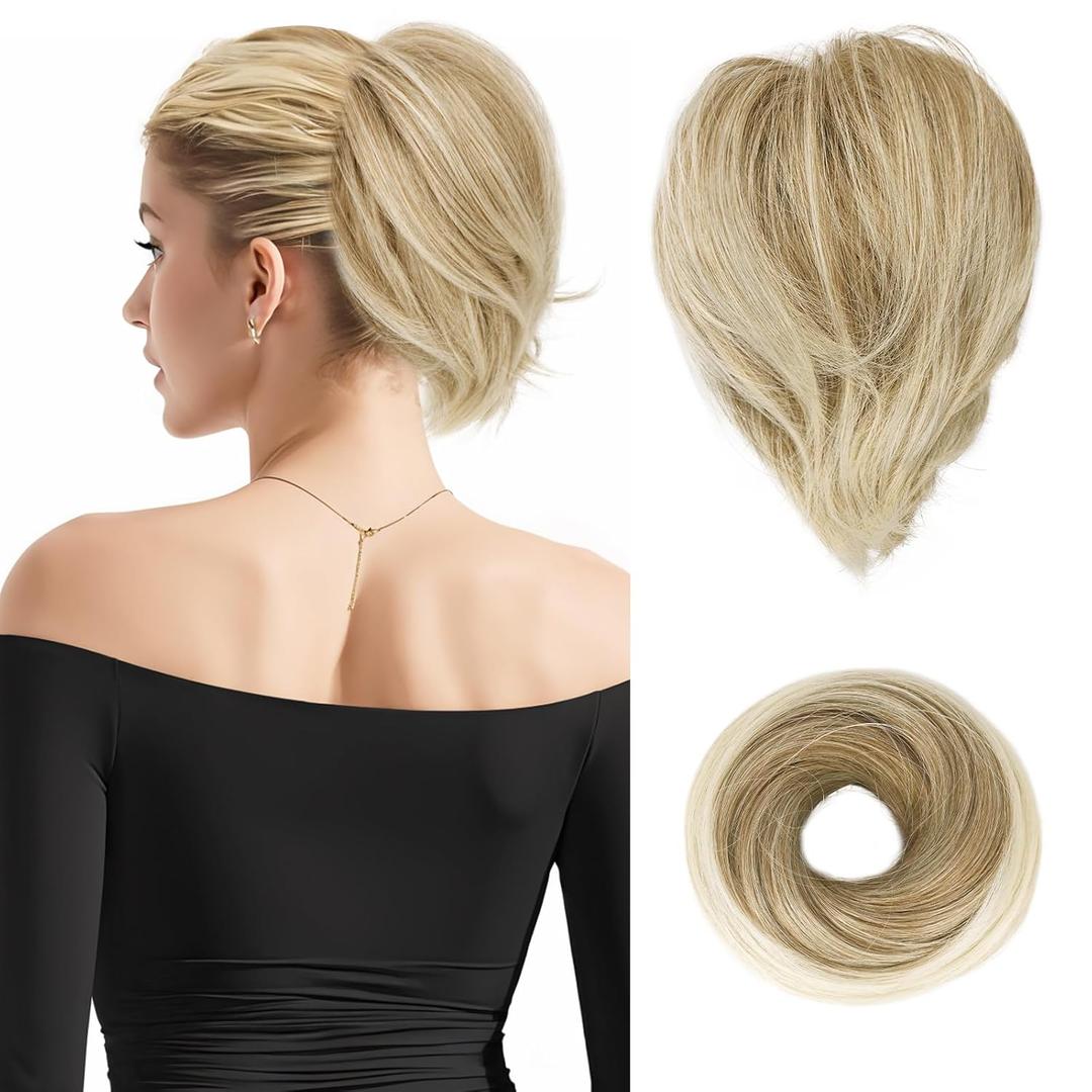 BARSDAR Straight Hair Bun Extensions - Synthetic Fully Short Ponytail Hair Bun Extensions for Women, Elastic Messy Scrunchies Hairpieces Daily Party - Mixed Blonde & Bleach Blonde Tips (1 Count (Pack of 1))