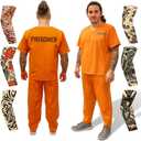 ArtCreativity Orange Prisoner Costume with 6 Outlaw Sleeve Tattoos for Men - Size Medium - Adults Jailbird Inmate Criminal Short-Sleeve Shirt and Pants for Halloween, Role Play, Theme Parties