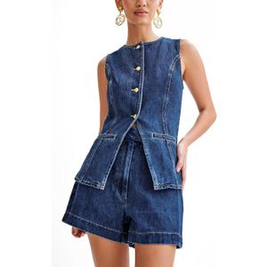 Women's Denim 2 Piece Set Casual Business Sleeveless Jean Blazer Vest Tops and High Waist Jean Shorts Outfit (Large)