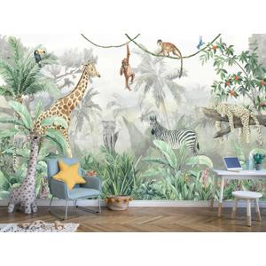 Reyhui Kids Wallpaper Tropical Leves and Safari Animals
108"x75" Not Peel and Stick Wall Mural for Wall Bedroom Living Room TV Background Sofa Wall