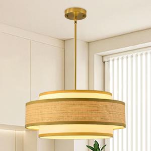 20" Golden Drum Chandelier with White Linen Lampshade 4-Light Modern Farmhouse Chandelier Light Fixture for Dining Room, Kitchen Island, Foyer, Entryway Bedroom