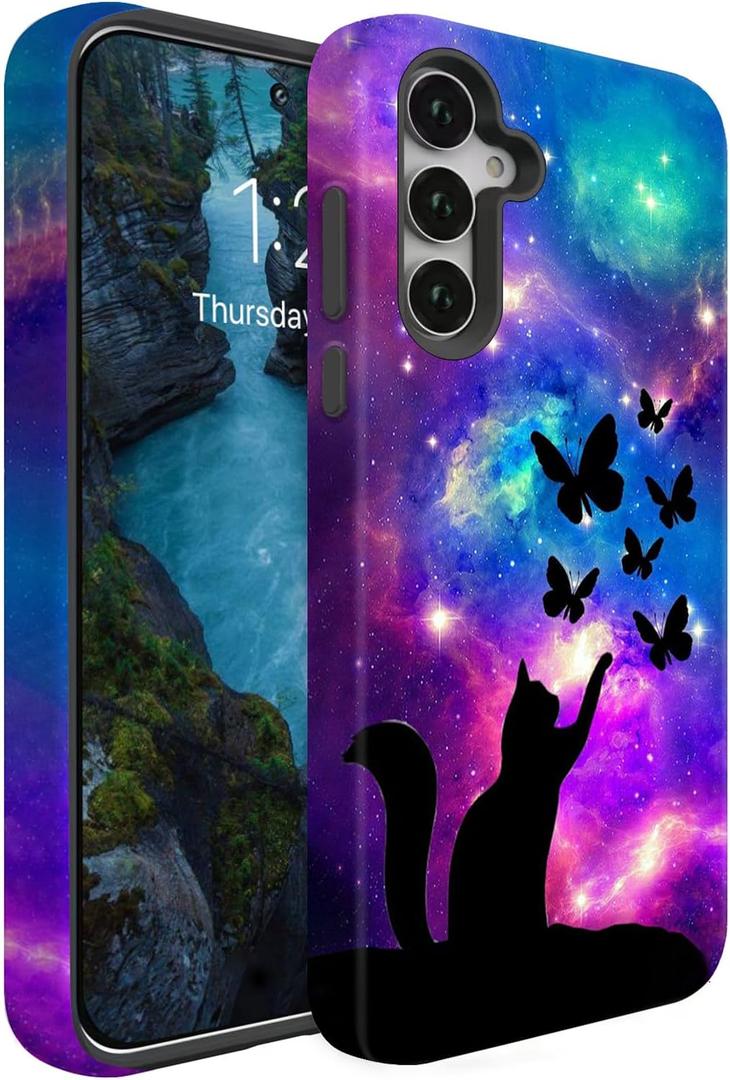Compatible for Samsung Galaxy A17 5G Case,Individualized and Distinctive Double Layer Protection Shockproof Phone Cover for Women Men Girl Boy,Cat Butterfly Stars