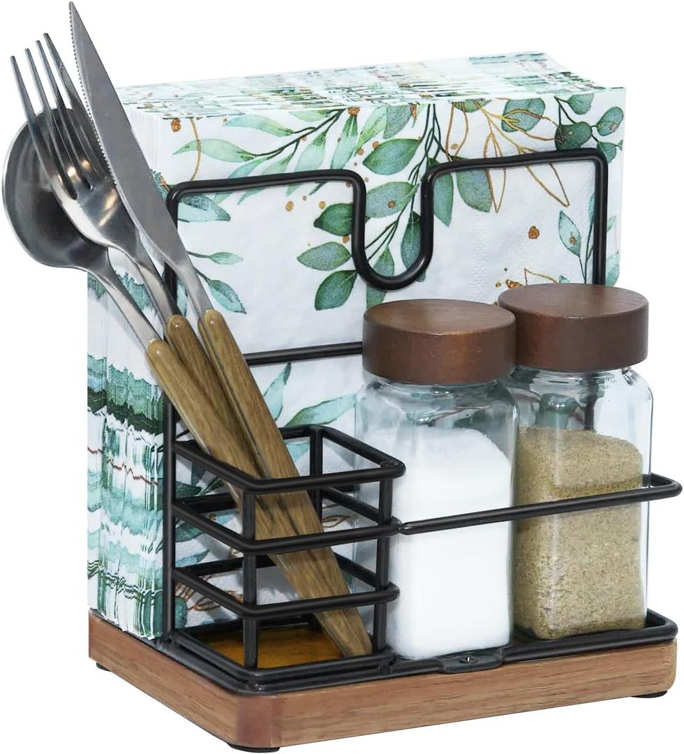 Napkin Holder for Table, Standing Napkin Holder with Salt and Pepper Shakers, Acacia Wood Base, Iron Build, for Kitchen, Dining Room, Outdoor UseIncludes Salt and Pepper Shakers