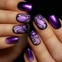 Purple Press on Nails Medium Square Fake Nails with Black Flowers Line Design Rhinestones False Nail Glossy Full Cover Acrylic Artificial Stick on Nail for Women 24Pcs