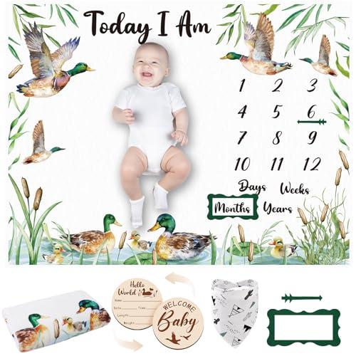 Guiqulai Mallard Duck Monthly Milestone Blanket for Baby Boy Flannel Newborn Infant Swaddle Growth Chart Photography Background with Baby Birth Signs, Felt Frames, Bibs