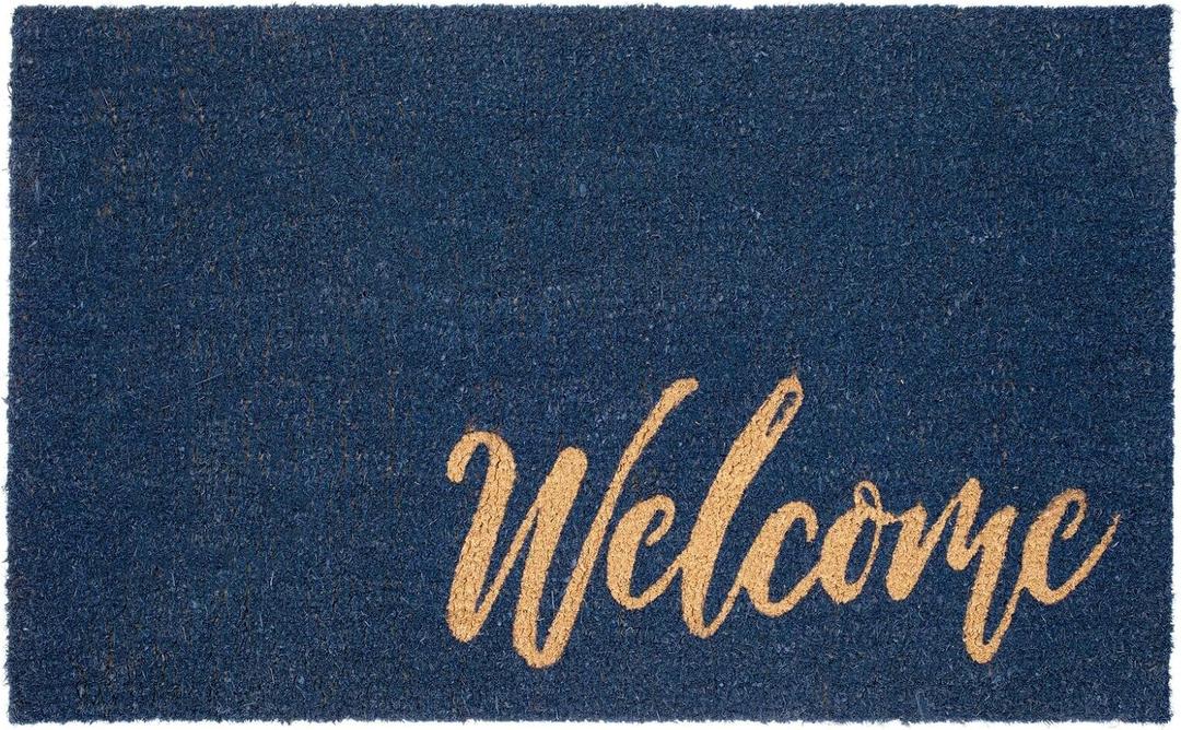 mDesign Non-Slip Rectangular Coir and Rubber Entryway Welcome Doormat with Natural Fibers for Indoor or Outdoor Use - Decorative Script Design - Navy Blue/Natural