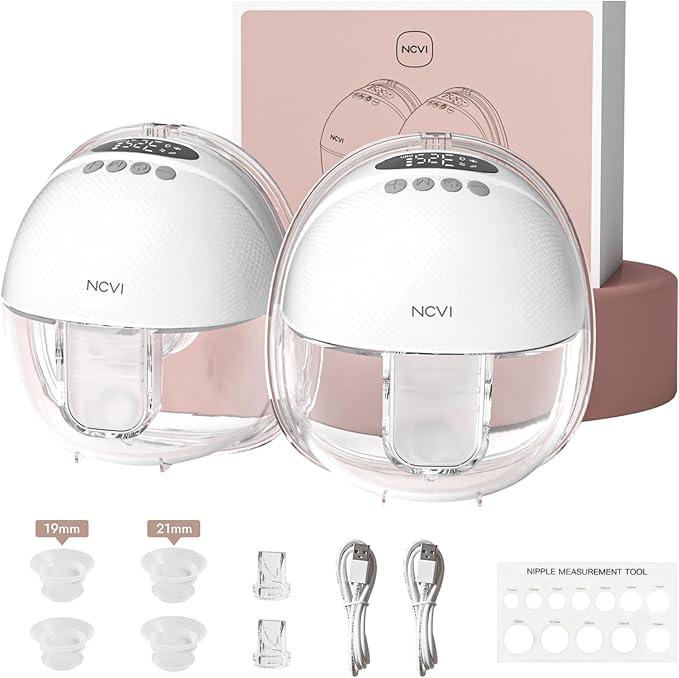 NCVI Hands Free Breast Pump, Wearable Breastfeeding Pump with 300mmHg Strong Suction, 1400mAh Long Battery, Ultra Quiet Portable Electric Pump with 4 Modes & 9 Levels, 19/21/24mm, 2Pack, White