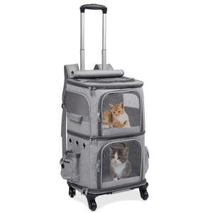 Joymaney Double-Compartment Cat Carrier Backpack with Wheels for 2 Pets | 2-in-1 Cat Rolling Carrier for Small Cats & Dogs up to 32 lbs, Perfect for Traveling / Walking / Vet, Grey