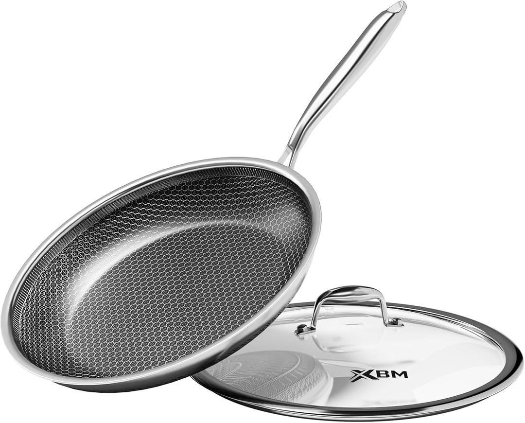 Nonstick Frying Pan with Lid 10-Inch, Durable Stainless Steel Skillet, Induction Cooktop Compatible, PFOA-Free Scratch-Proof, Dishwasher & Oven Safe, Stay-Cool Handle, Silver Kitchen Cookware