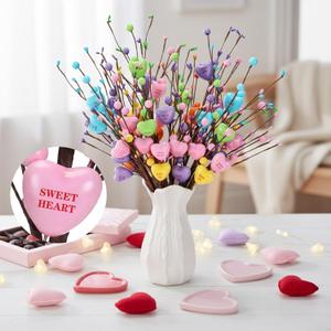 Suncalla 12 Pcs Valentine's Day Decorations Conversation Hearts Picks and Spray Colorful Artificial Flowers Berry Stem Heart Shaped Branches for Gifts Wedding Candlelight Dinner Anniversary Home