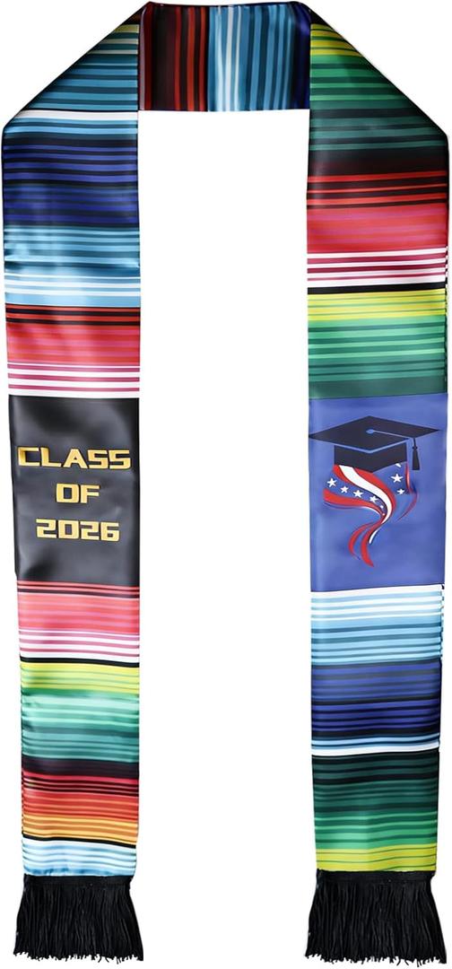 1 Pcs Mexican American Graduation Stole, Class of 2026 Serape Sash, USA Flag Custom Estola, First Generation Grad Accessories, Black Banda