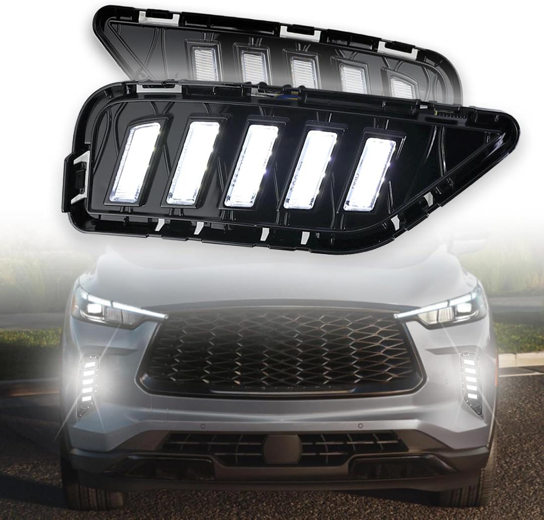 Upgrade LED Front Bumper Fog light DRL Amber Sequential Turn Signal Lamp Feature Kit for Infiniti QX60 2022 2023 2024 2025 Replacement Grille Trim Panel 62257-6SA0B,2pcs