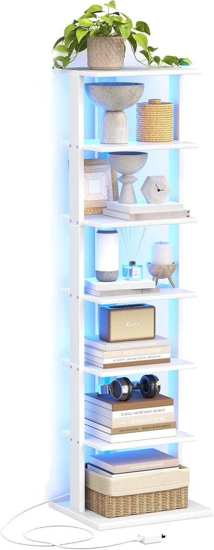7-Tier Bookshelf, Narrow Bookcase with LED Lights, 47.2 Inch Book Shelf for Small Space, Display Storage Shelf for Living Room, Bedroom, Home Office, Study, White