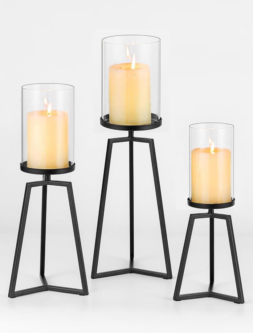 Sziqiqi Pillar Candle Holders Black: Set of 3 Metal Candleholder - Geometric Candle Stands with Hurricane Glass for Indoor Outdoor Dining Table Decor