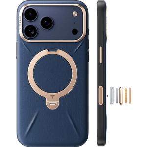 TORRAS Organic Leather for iPhone 17 Pro Case with Stand, Fit for Magsafe, 360 Spin Kickstand with Camera Control, Premium Leather Durable Stylish Q3 VegSkin for iPhone 17 Pro Phone Case, Deep Blue