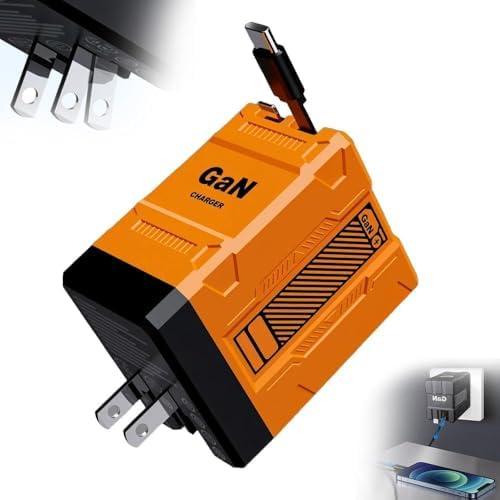 W&O 2-in-1 GaN Compatible with 120w Fast Charger, Retractable Wall Fasts Charging Power Adapter with All in One Foldable Plug, Versatile Portable Fast Charger Module for iPhone, Phone, Tablet (Orange)