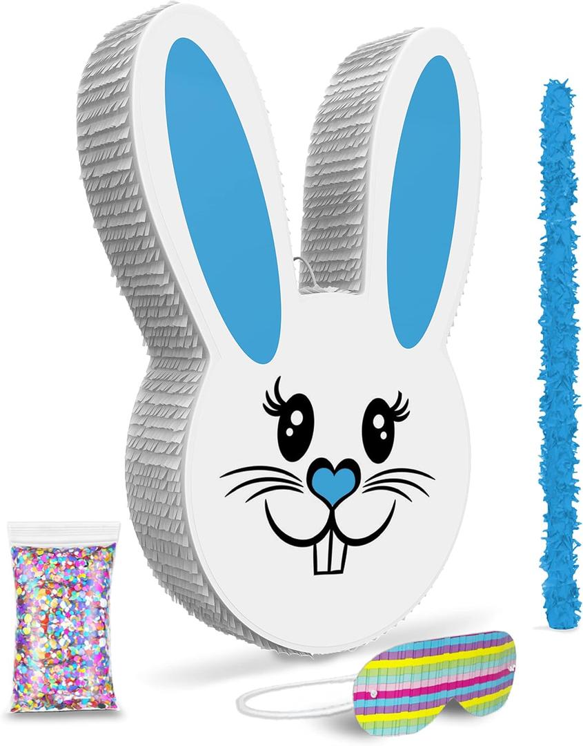 Jergrim Boy Easter Bunny Piñata Set with small stick and confetti bag - 17”x10”x 3” Perfect for Easter Celebration, Bunny Theme Parties, Party Decor, and more