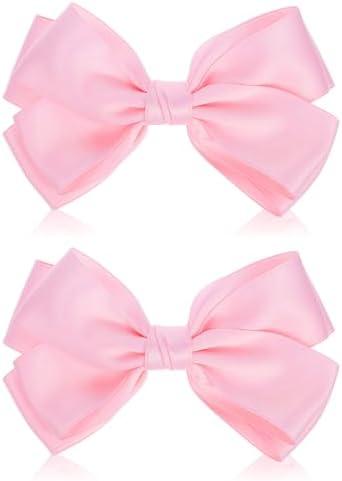 WJIAAA 2 Pcs Big Pink Hair Bow, 6 Inch Thick Ribbon Bows for Girls with Alligator Clips, Polyester Hair Accessories for Baby Toddlers Kids Teens