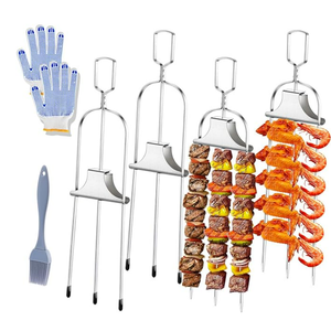 4PCS Kabob Skewers for Grilling, 14'' Stainless Steel Kebab Skewers, 3 Prong Metal Grill Skewer with Push Bar Slider, Skewer Sticks for Meat Veggies Fruits Marshmallows, BBQ Barbecue Accessories