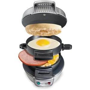 Hamilton Beach Breakfast Sandwich Maker with Egg Cooker Ring, Customize Ingredients, Perfect for English Muffins, Croissants, Mini Waffles, Perfect White Elephant Gifts, Silver (25475)
