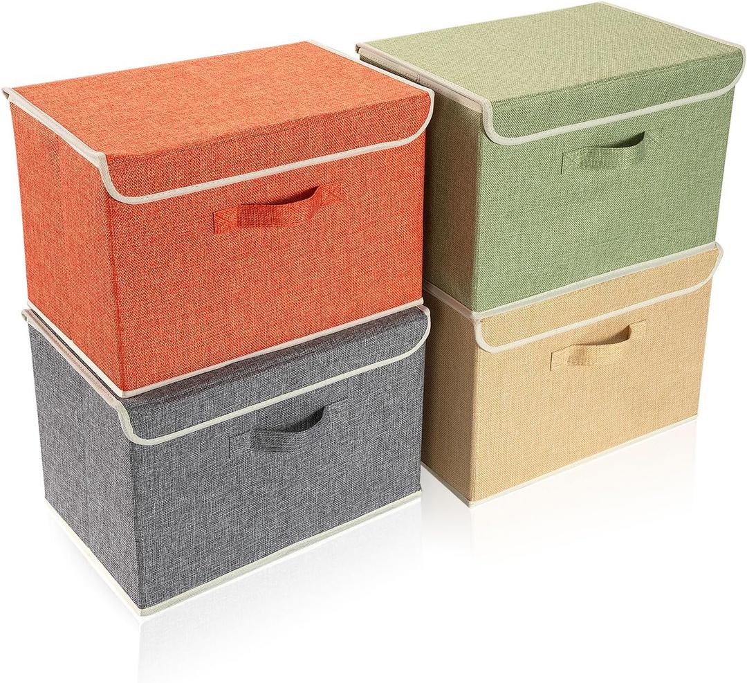 Storage Bins with Lid, Foldable Clothing Storage Box case with Handle for Books, Closet, Bedroom, Home, 4 Color Set A, 15L x 10W x 10H inch